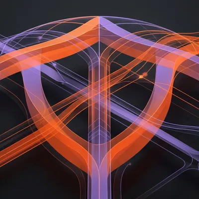 Abstract glowing orange and purple lines forming a central shield.