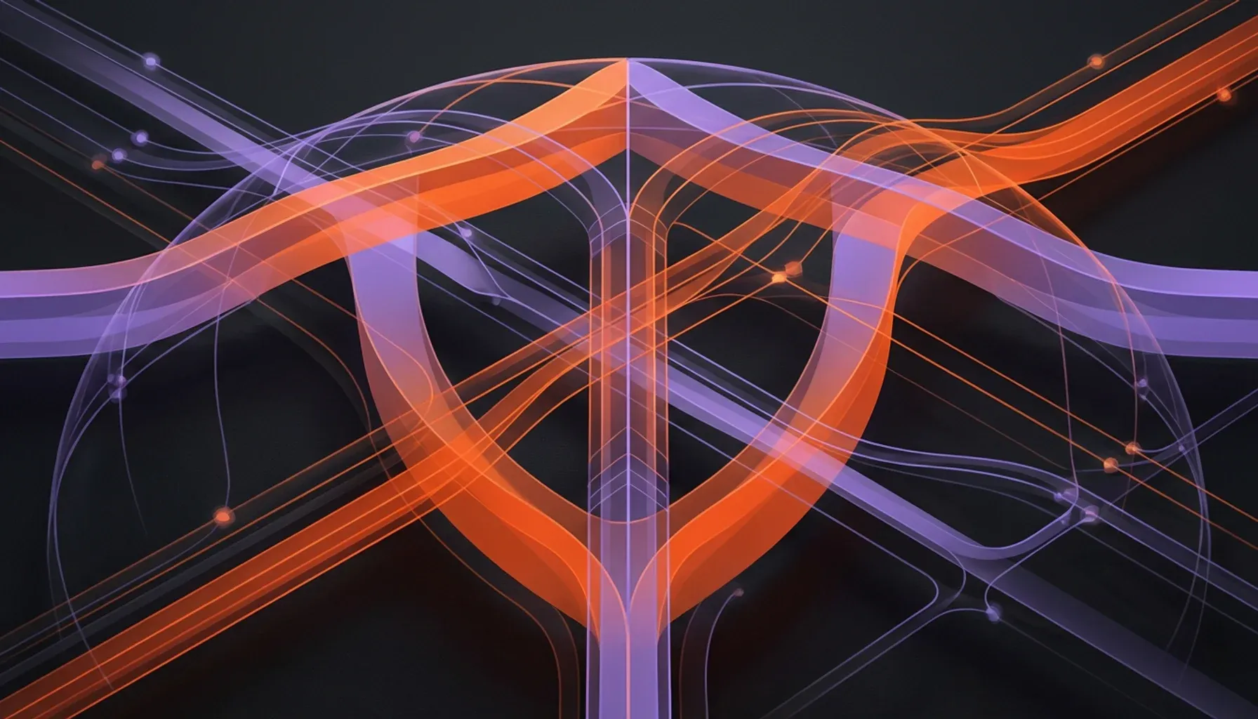 Abstract glowing orange and purple lines forming a central shield.