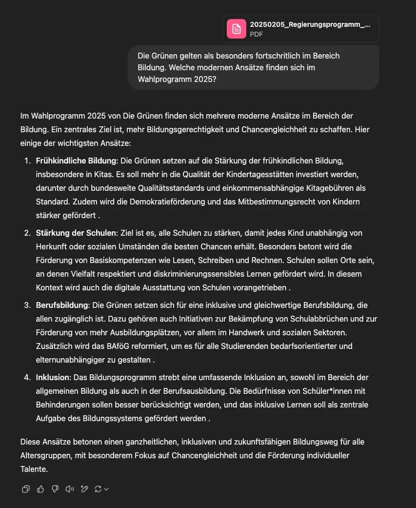 KI fasst bildungspolitische Ansätze der Grünen aus dem Wahlprogramm 2025 zusammen, Fokus auf Inklusion und Chancengleichheit.