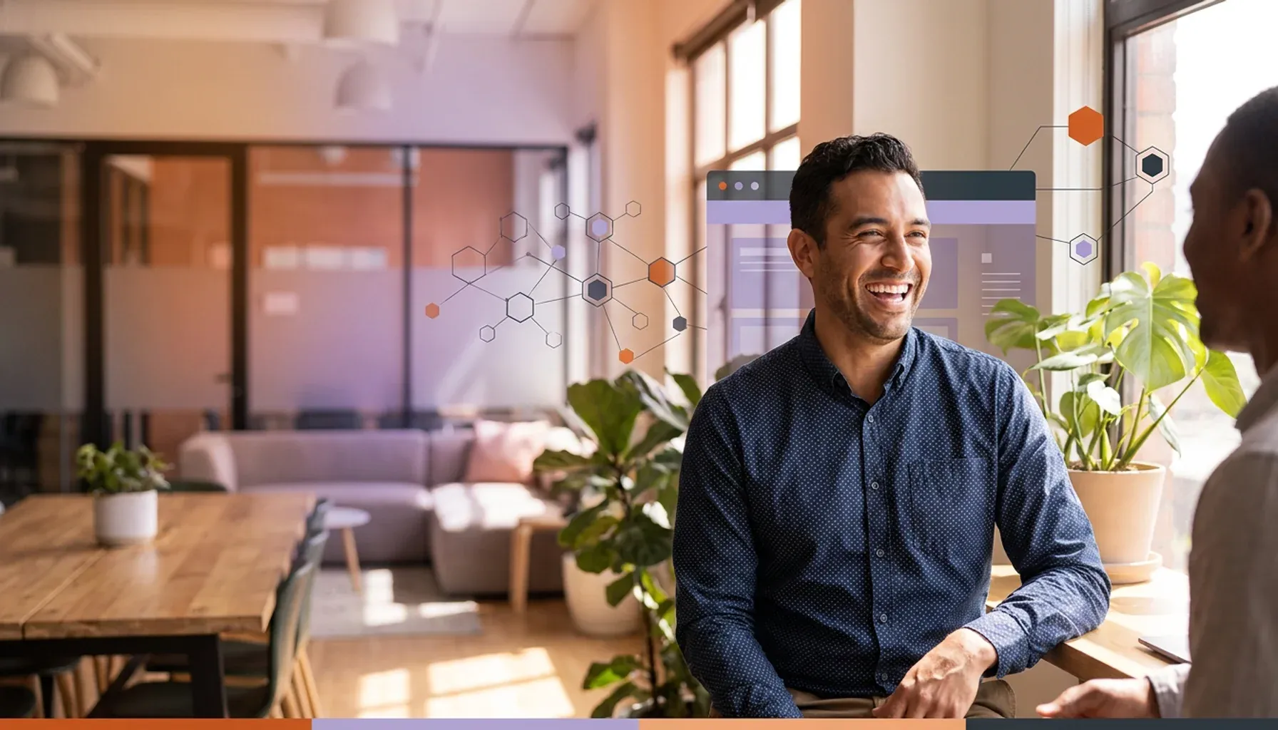 Smiling man talking to a colleague in an office with digital network graphics overlay.