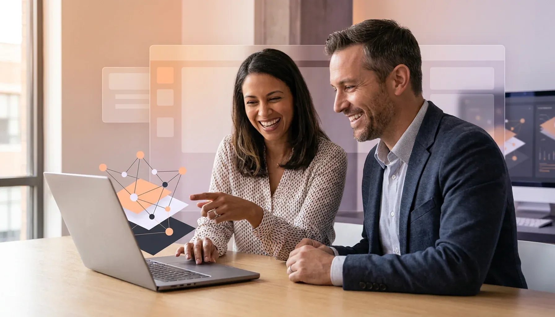 Two smiling professionals collaborating on a laptop with overlaid digital network and UI graphics.