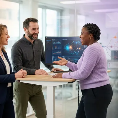Three colleagues discussing data visualizations on a monitor at an office standing desk.