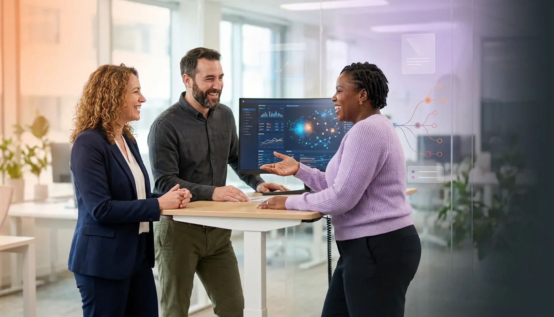 Three colleagues discussing data visualizations on a monitor at an office standing desk.