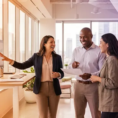 Three smiling colleagues collaborating around a computer monitor in a bright modern office.