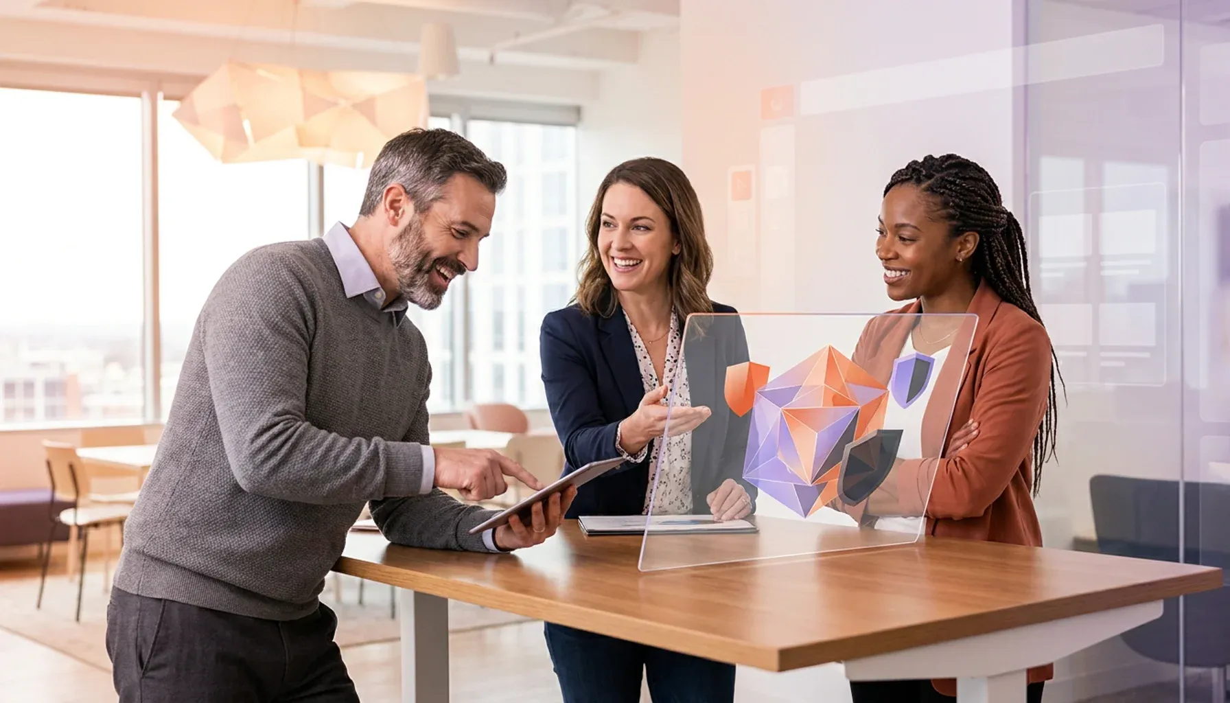 Three smiling professionals looking at a tablet beside a futuristic 3D geometric shield hologram.