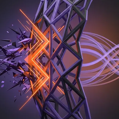 Glowing orange lines shattering a purple geometric lattice into flying shards.