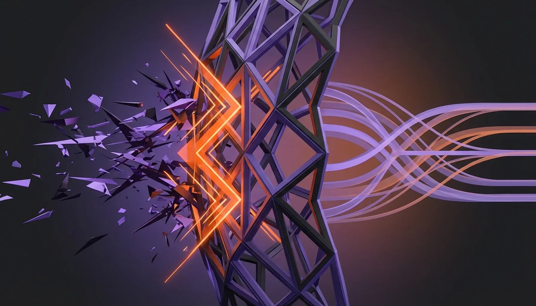 Glowing orange lines shattering a purple geometric lattice into flying shards.