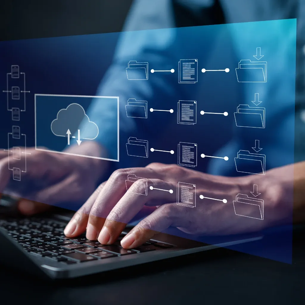 Hands on laptop keyboard with digital visualization of cloud storage or a digital archive 