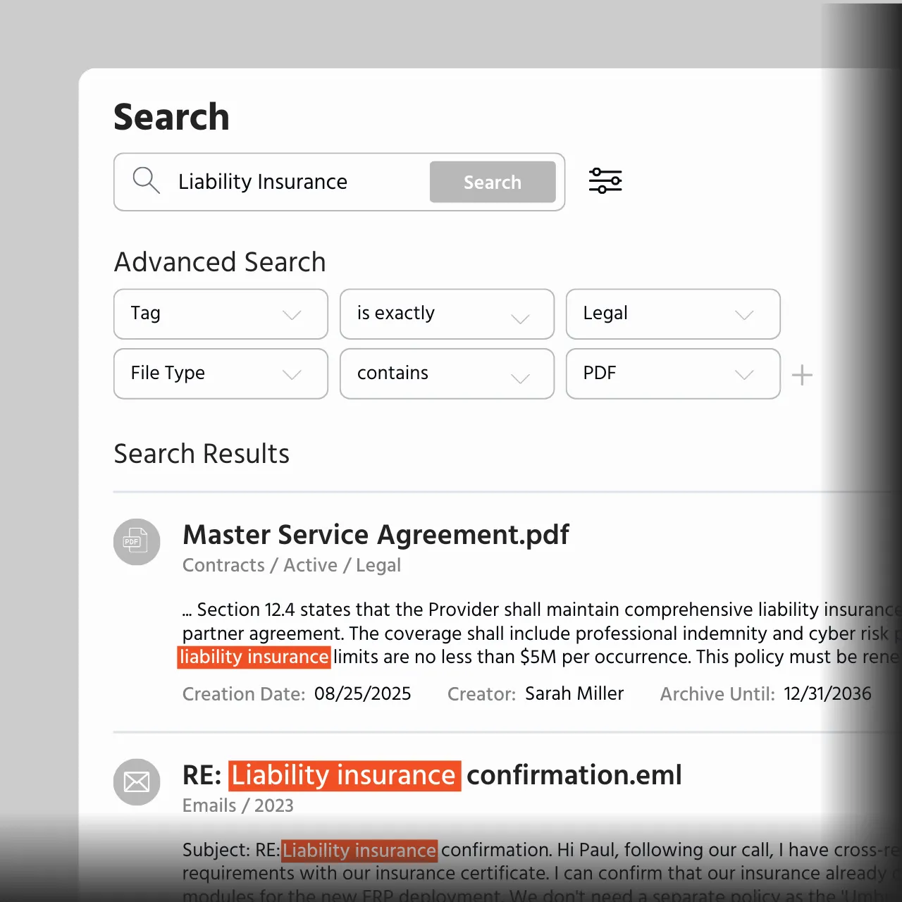 Document search interface with advanced filters and highlighted search results.