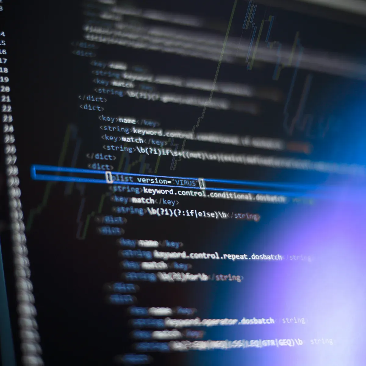 Computer screen with code and a highlighted marker indicating a virus version