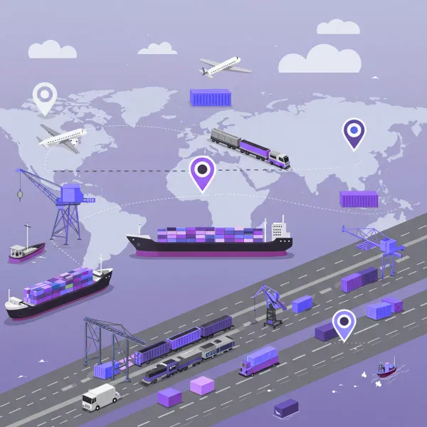 Illustration einer globalen Lieferkette mit Schiffen, LKWs, Flugzeugen und Containern