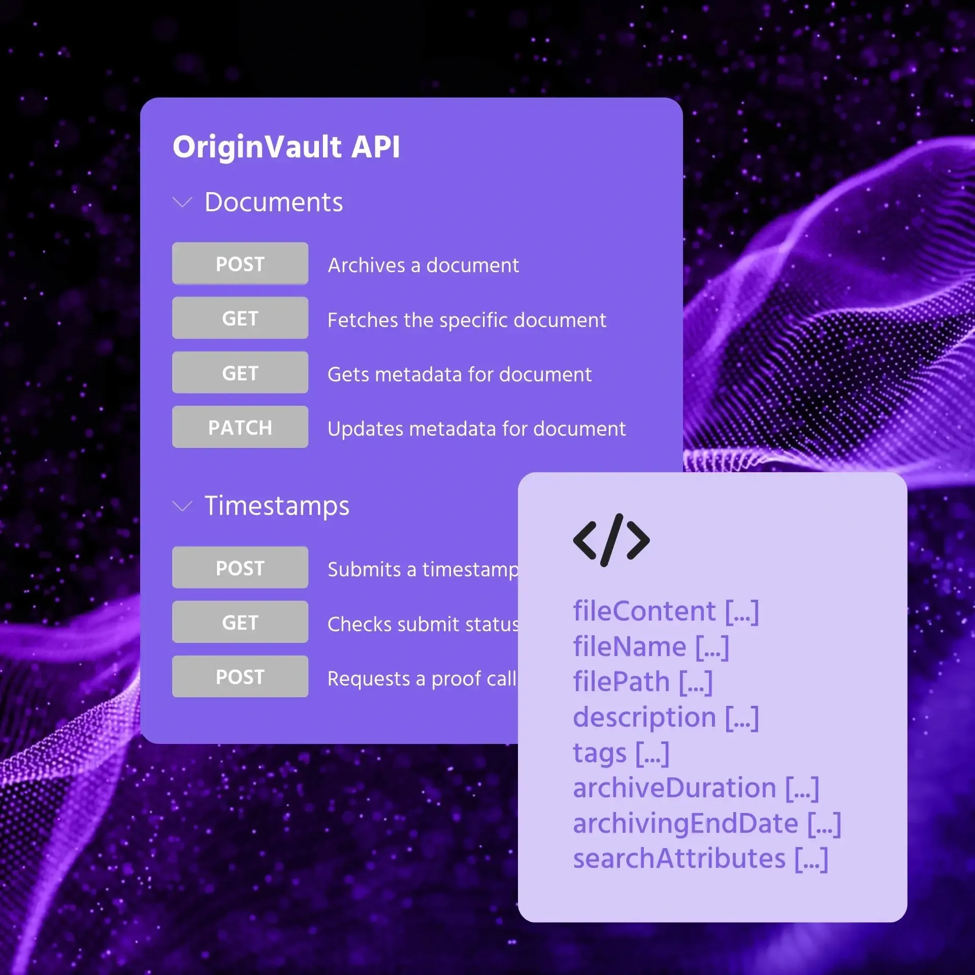 OriginVault API documentation showing endpoints for documents and timestamps.