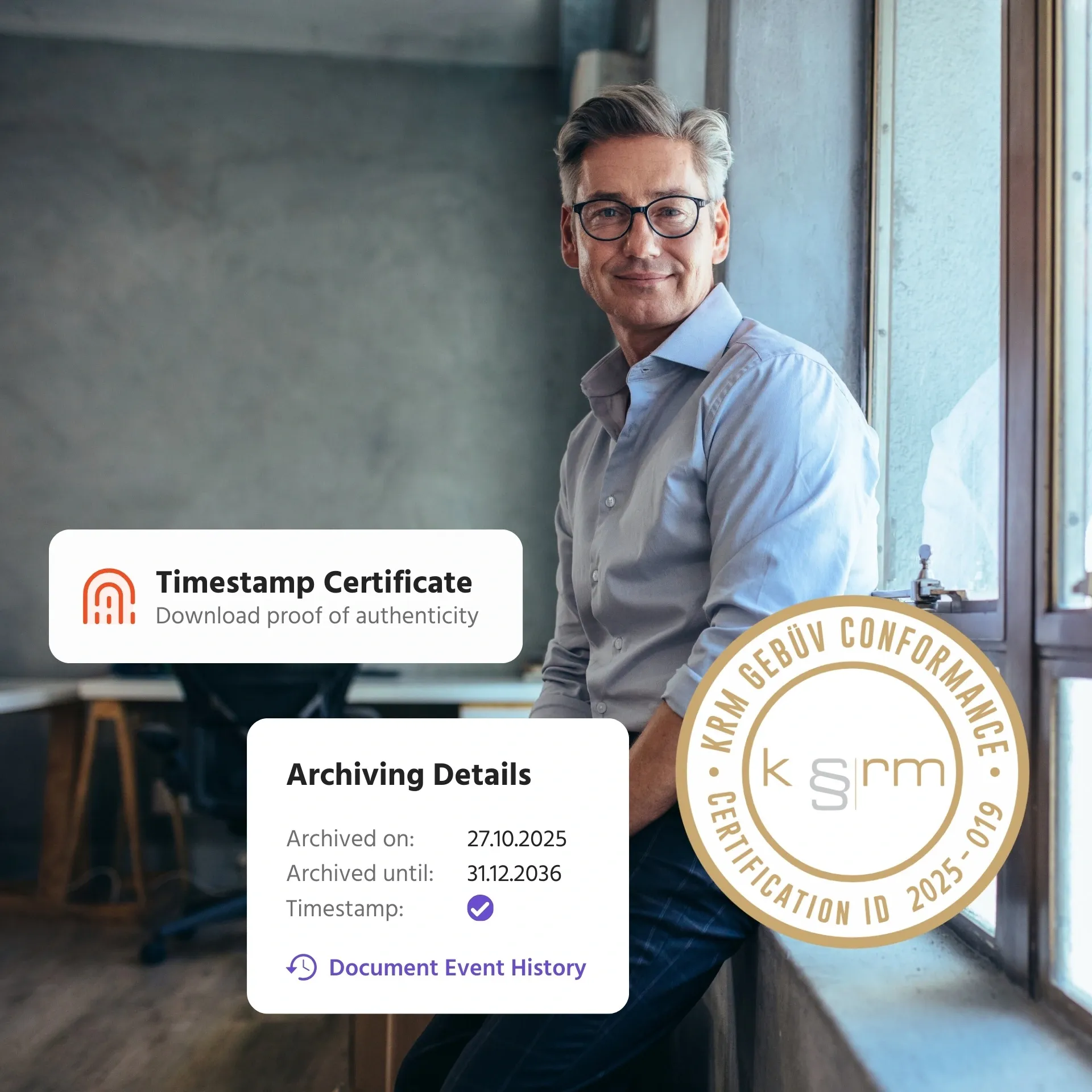 Man in an office with digital certificate and archiving overlays.