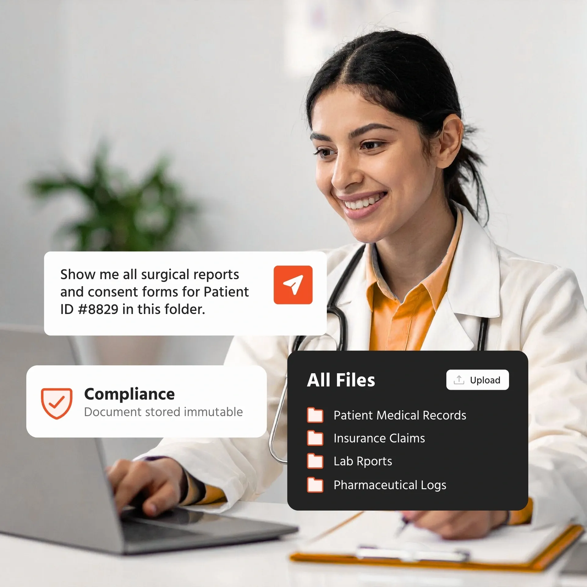 A doctor uses a laptop with a medical records software interface.