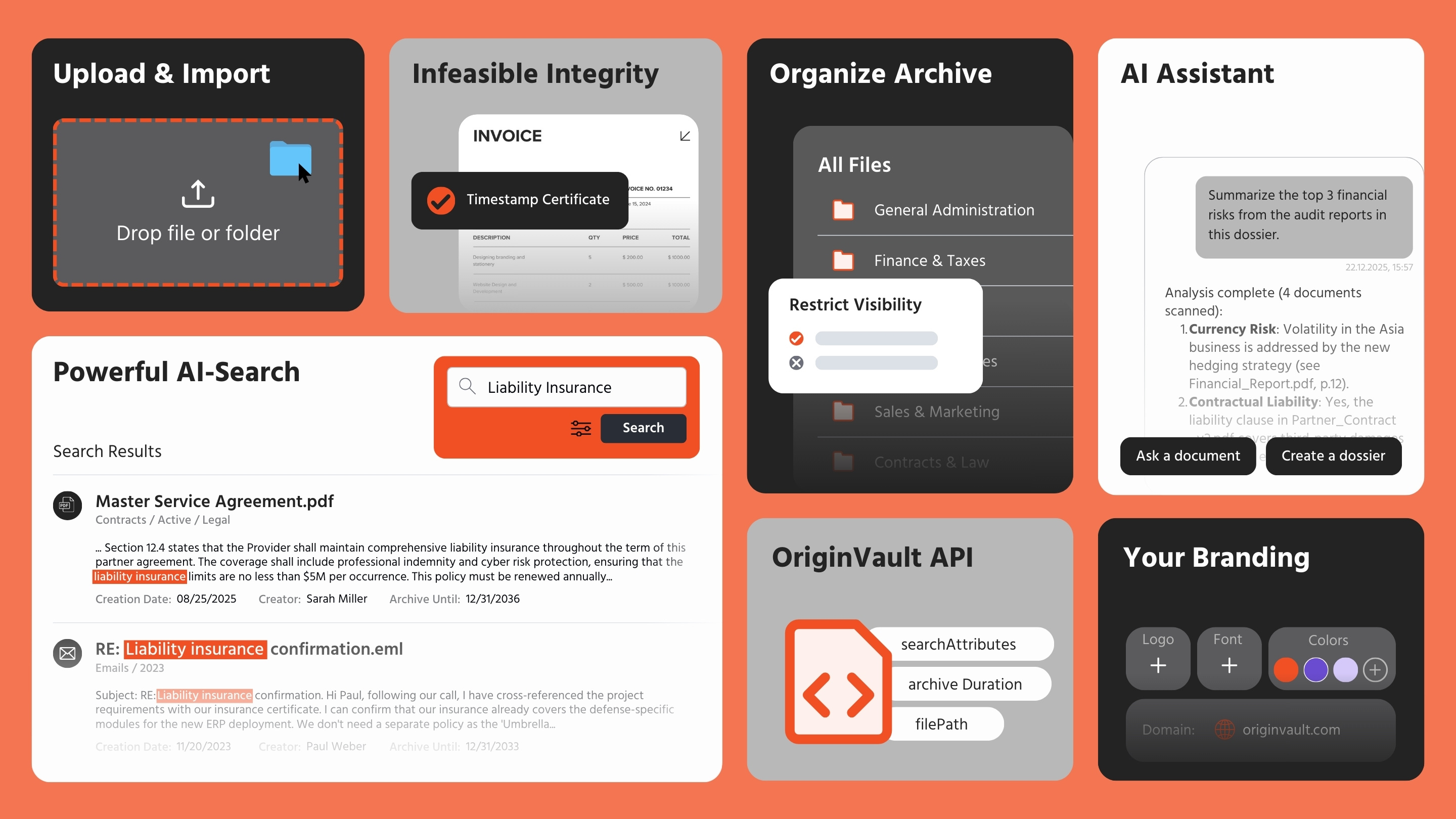 Ein Raster, das Softwarefunktionen wie KI-Suche und Dokumentenverwaltung zeigt.