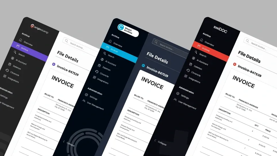 UI-Mockups von Rechnungsdetails-Bildschirmen mit den Logos von OriginStamp, Smart Archive und swiDOC.