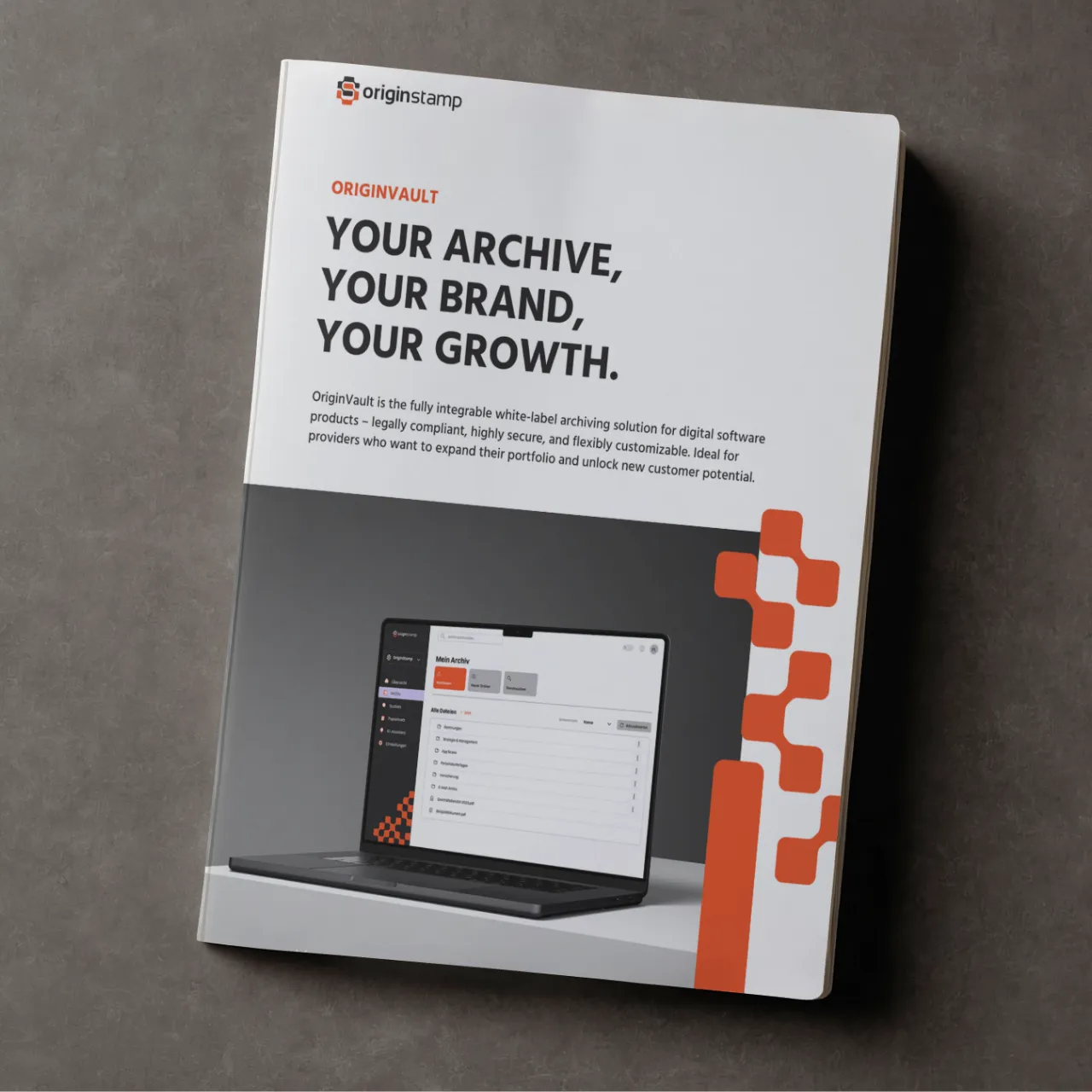OriginVault brochure cover featuring a laptop displaying a software interface.