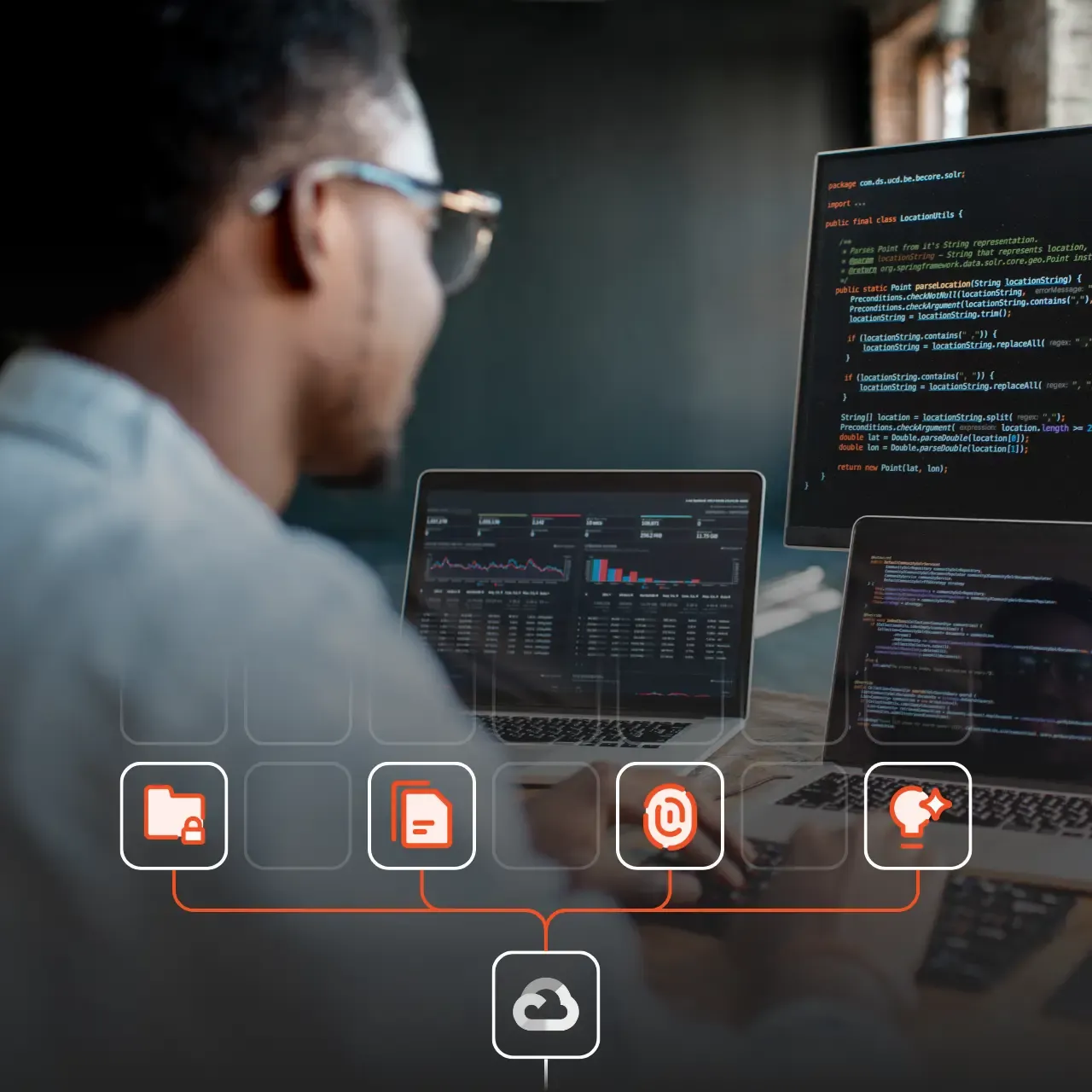 Mann programmiert an mehreren Bildschirmen mit überlagerten Cloud-Computing-Symbolen.