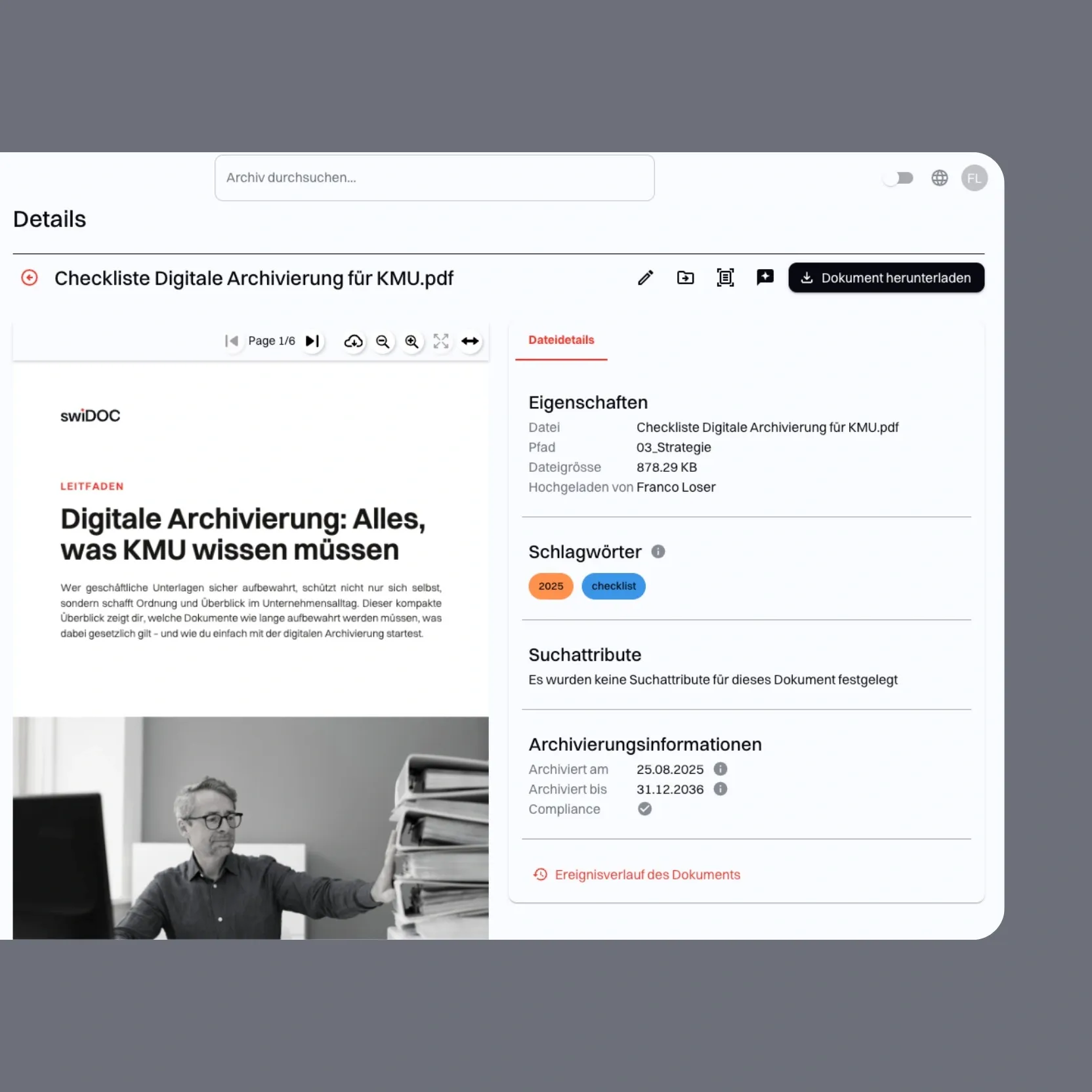 Interface of the SME archiving software swiDOC: Detailed view of an archived document
