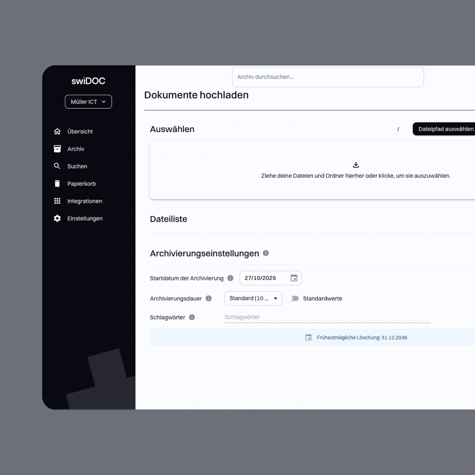 Interface of the SME archiving software swiDOC for uploading documents
