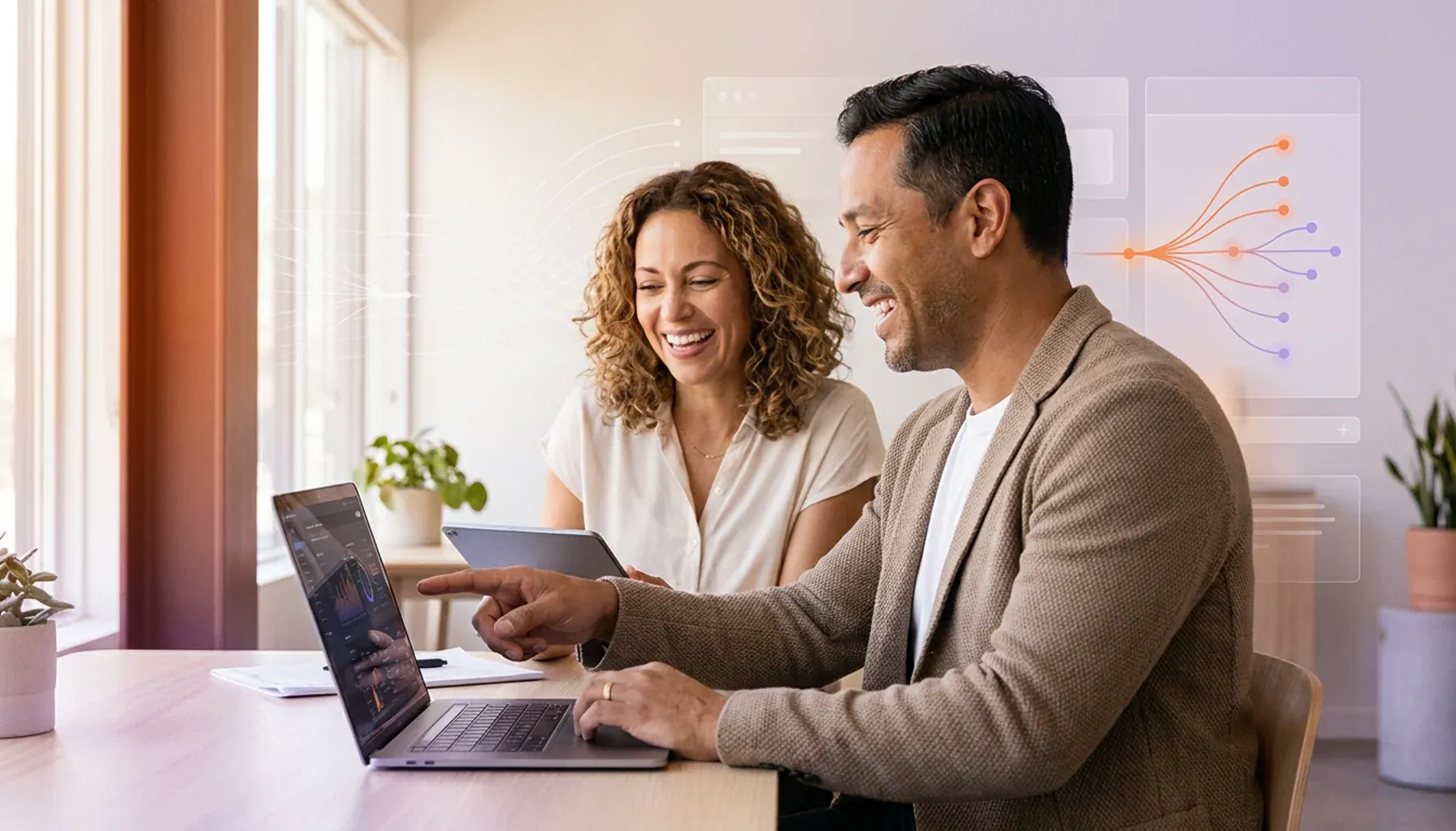 Smiling colleagues using a laptop, with abstract digital network diagrams floating in the background.