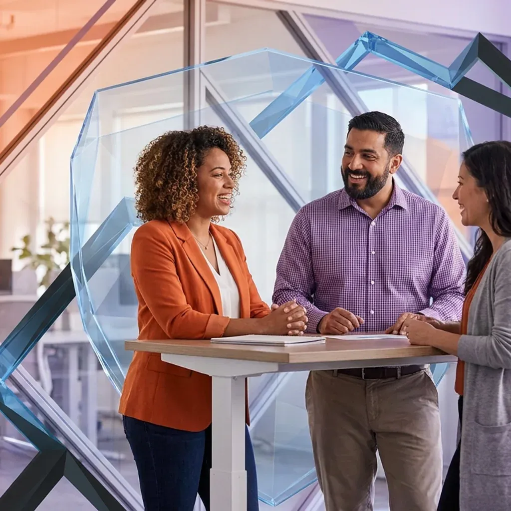 Three diverse professionals smiling and collaborating at a standing desk in a modern office.