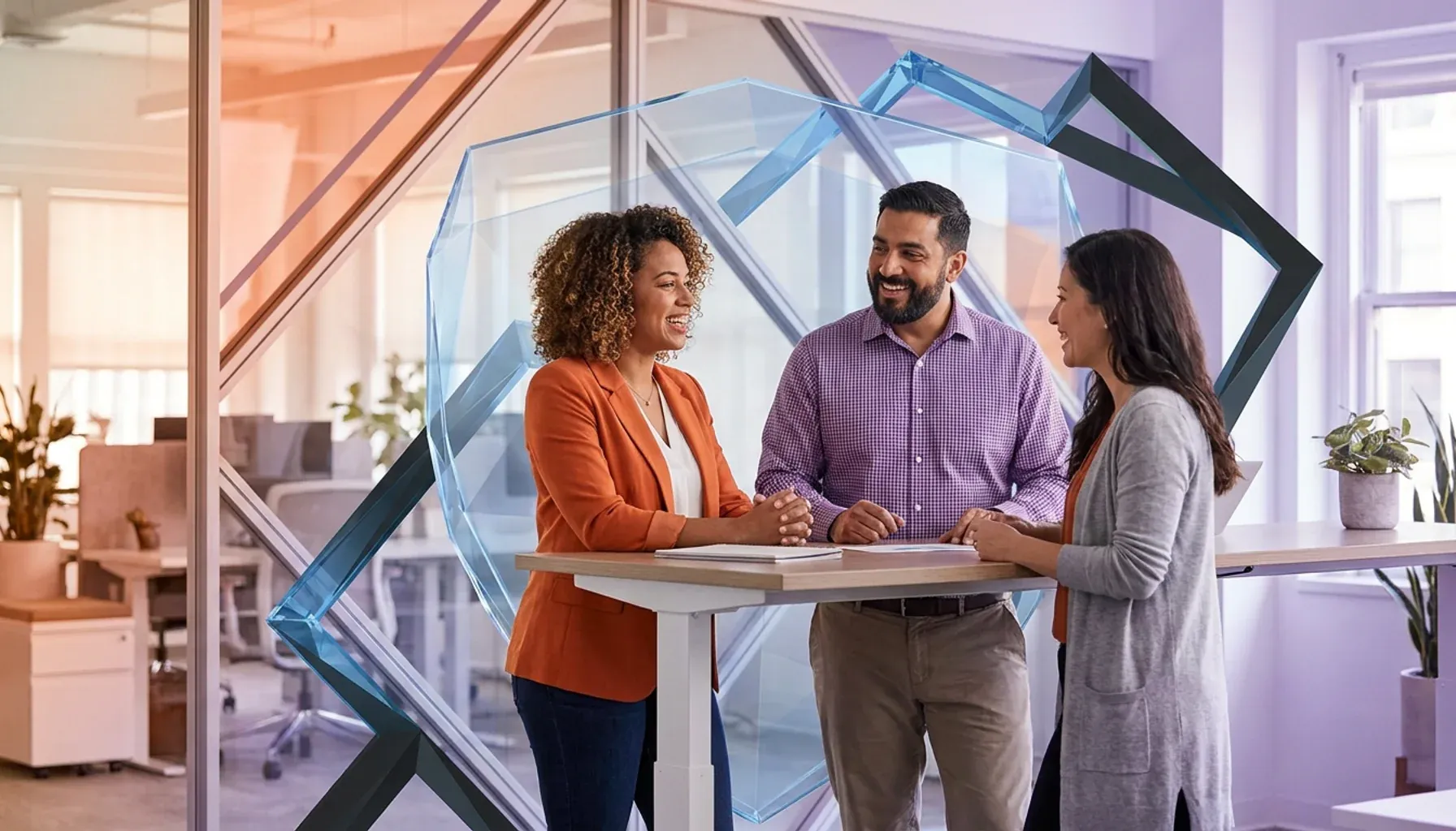 Three diverse professionals smiling and collaborating at a standing desk in a modern office.