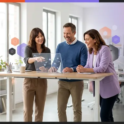 Three colleagues in an office collaborating over a futuristic transparent laptop displaying network graphics.