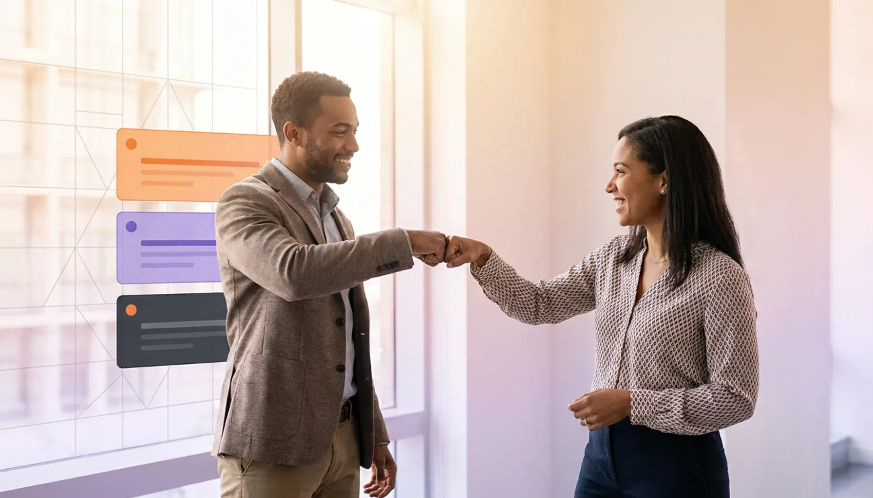 Smiling colleagues fist bumping in an office with floating digital UI elements.