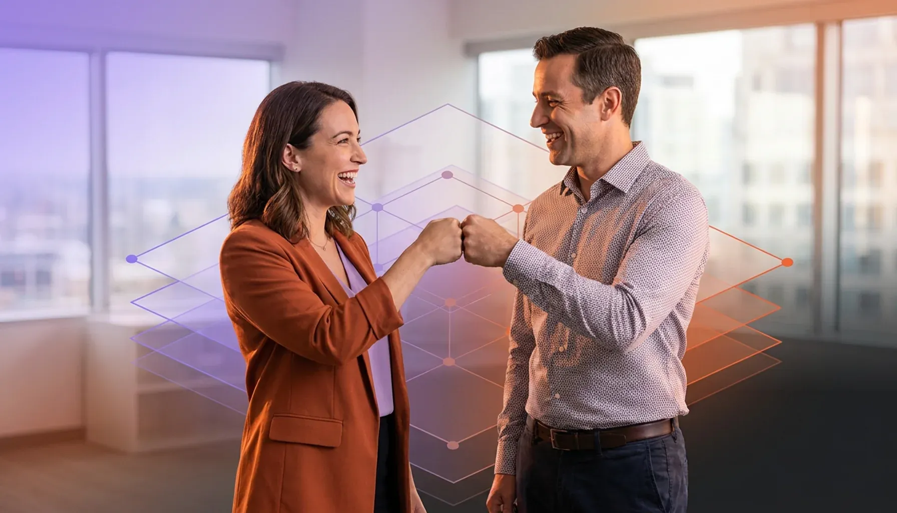 Smiling business colleagues fist bumping in an office with an abstract digital network overlay.