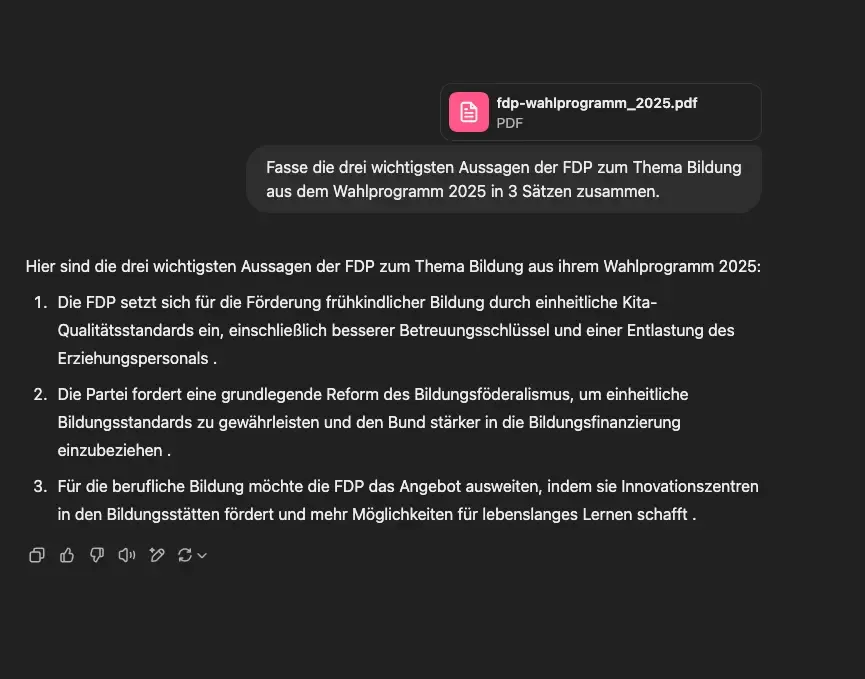 KI fasst drei zentrale Aussagen der FDP zur Bildung aus dem Wahlprogramm 2025 zusammen.